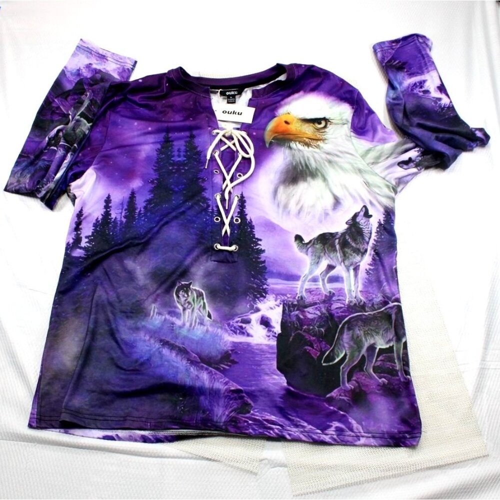 NWT Ouku XL Purple Polyester Eagle & Wolf Graphic Lace-Up Shirt